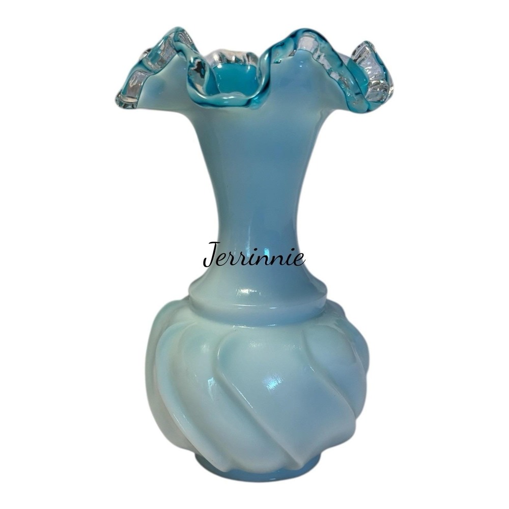 Fenton Jamestown Glass Opalescent White Vase Blue Ruffled Rim